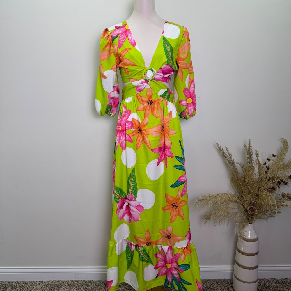 Tropical Floral O-Ring Cutout Tie Back Maxi Dress Lime Green Pink Large